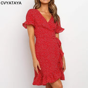 Red Sexy V Neck Wrap Dress Mini Summer dress