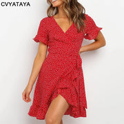 Red Sexy V Neck Wrap Dress Mini Summer dress